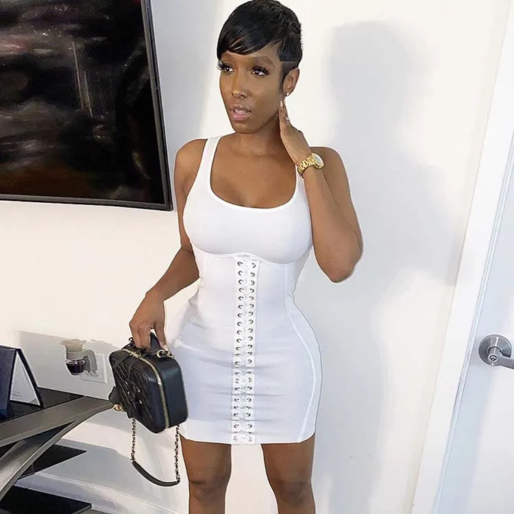 

Fashion Solid Lace Up Ribbed Bodycon Mini Dresses Women Sleeveless Clubwear 2020 Summer Fashion Skinny Party Dress Sexy Hot