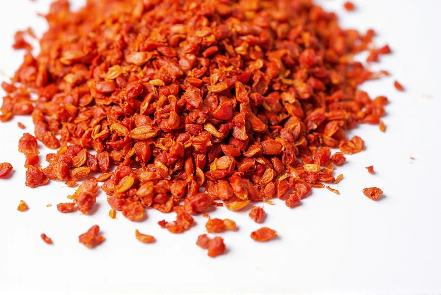 Close-up view of red chili flakes on white background showing texture and color variation