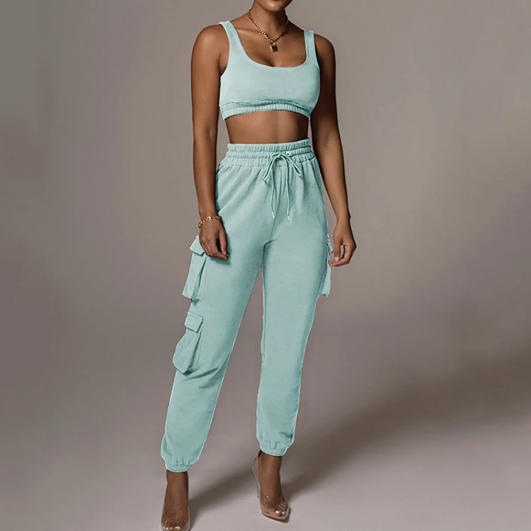 

latest high quality female cropped tank top jogger cargo pants track suits two piece pants set 2021