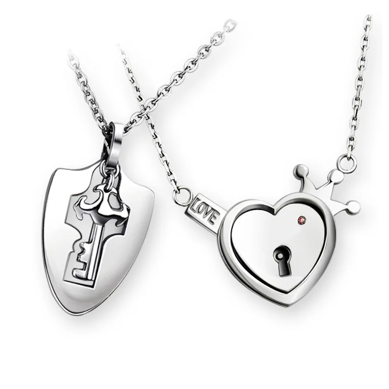

Valentines Day Titanium Steel Love Heart Crown Couple Necklace Steel Lock Key Couple Pendant Necklace Romantic Jewelry