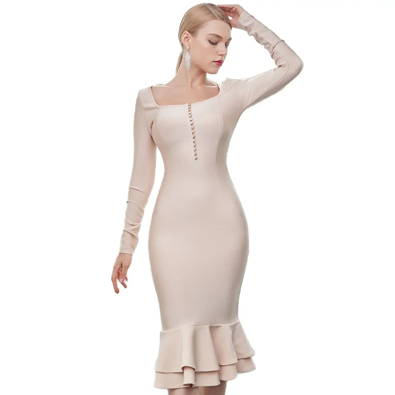 

Women fall Dress Square Collar Stitching long sleeve party cocktail bodycon bandage evening casual dress