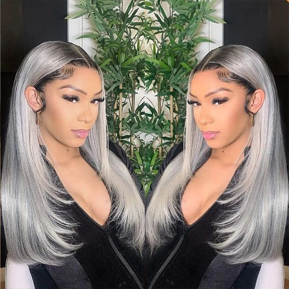 

Highlight Grey Lace Front Wig Human Hair Silky Straight 150% Ombre Transparent Hd Lace Frontal Closure Gray Wigs For Women