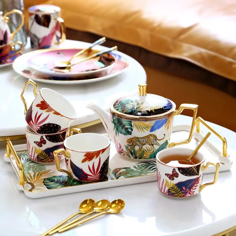 

Ceramic Elegant Afternoon Coffee Tea Pot Set Ceramic Tray Water Ware Bar Decoration Household Kitchen Supplies Drinkware