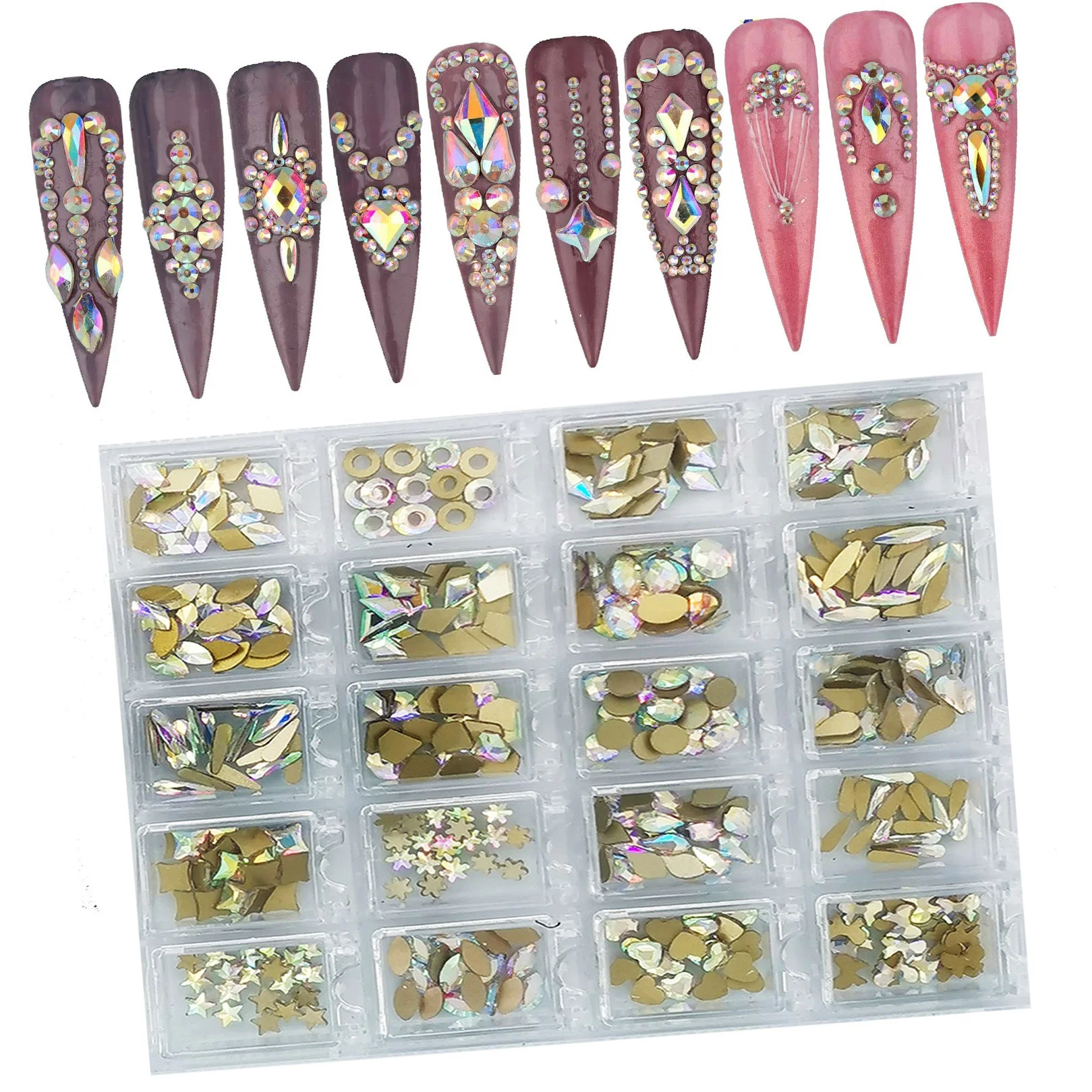 
400pcs/box Nail Art Stickers Rhinestone Multi Shape AB Glass Crystal Stone Decoration Golden Flat Back Nail Art Sequin Sticker 
