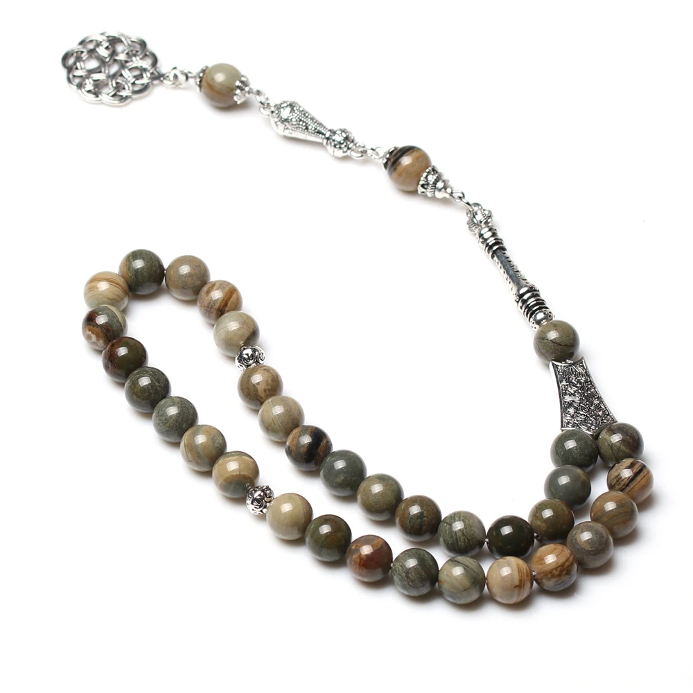 

Natural Silver Leaf round stone 10mm metal tassel islamic prayer beads tasbih