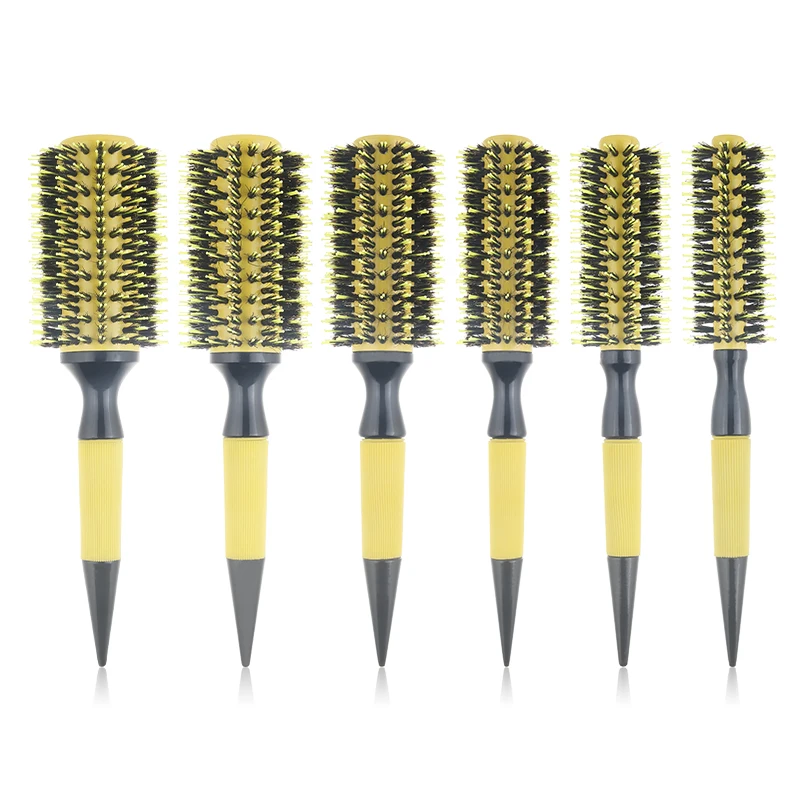 

Plastic Professional Round Hairbrush Barber Salon Shining Yellow Ceramic Barrel Boar Nylon Bristle curls Hair Brush