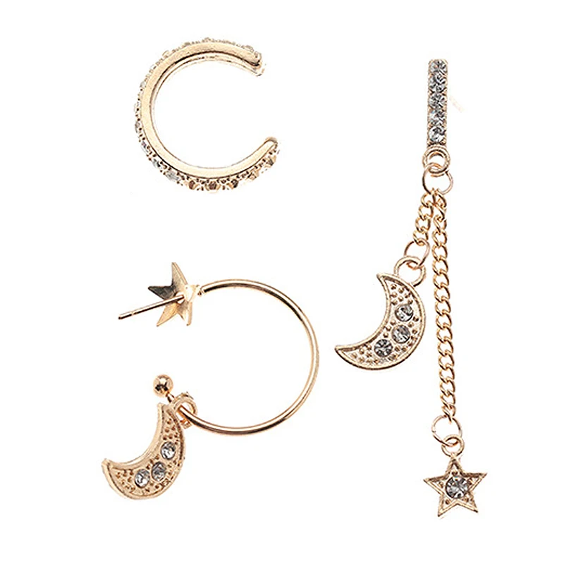 

Creative and simple diamond-studded five-pointed star moon earrings, Gold plated