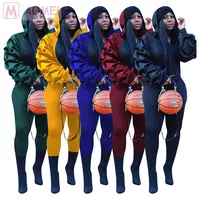 

W5037 hot onsale solid color hooded puff sleeve zipper Pant Sets Women Winter Clothes