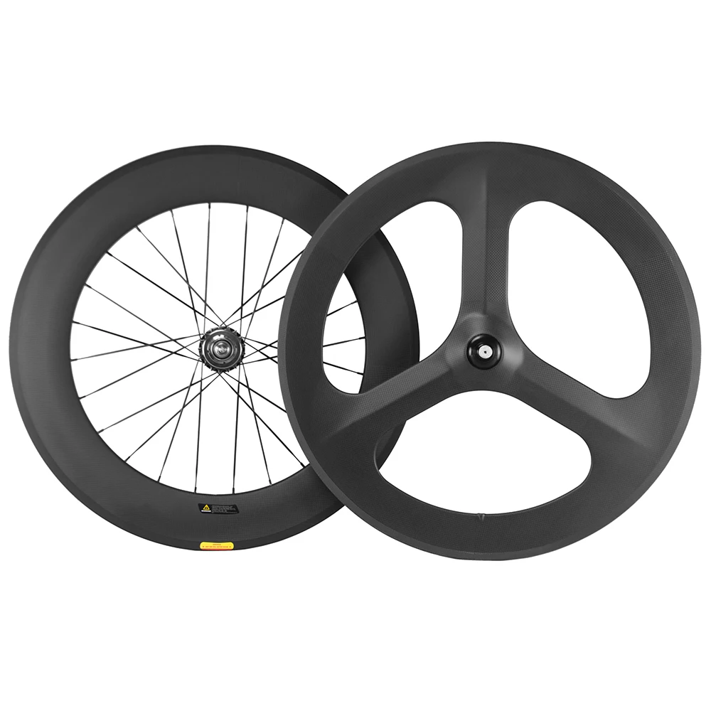 

TB2112 700C WINDX Carbon Track Bicycle Wheelset Front 70mm Clincher Fixed Gear Rear 88mm 3 spoke wheels, Black