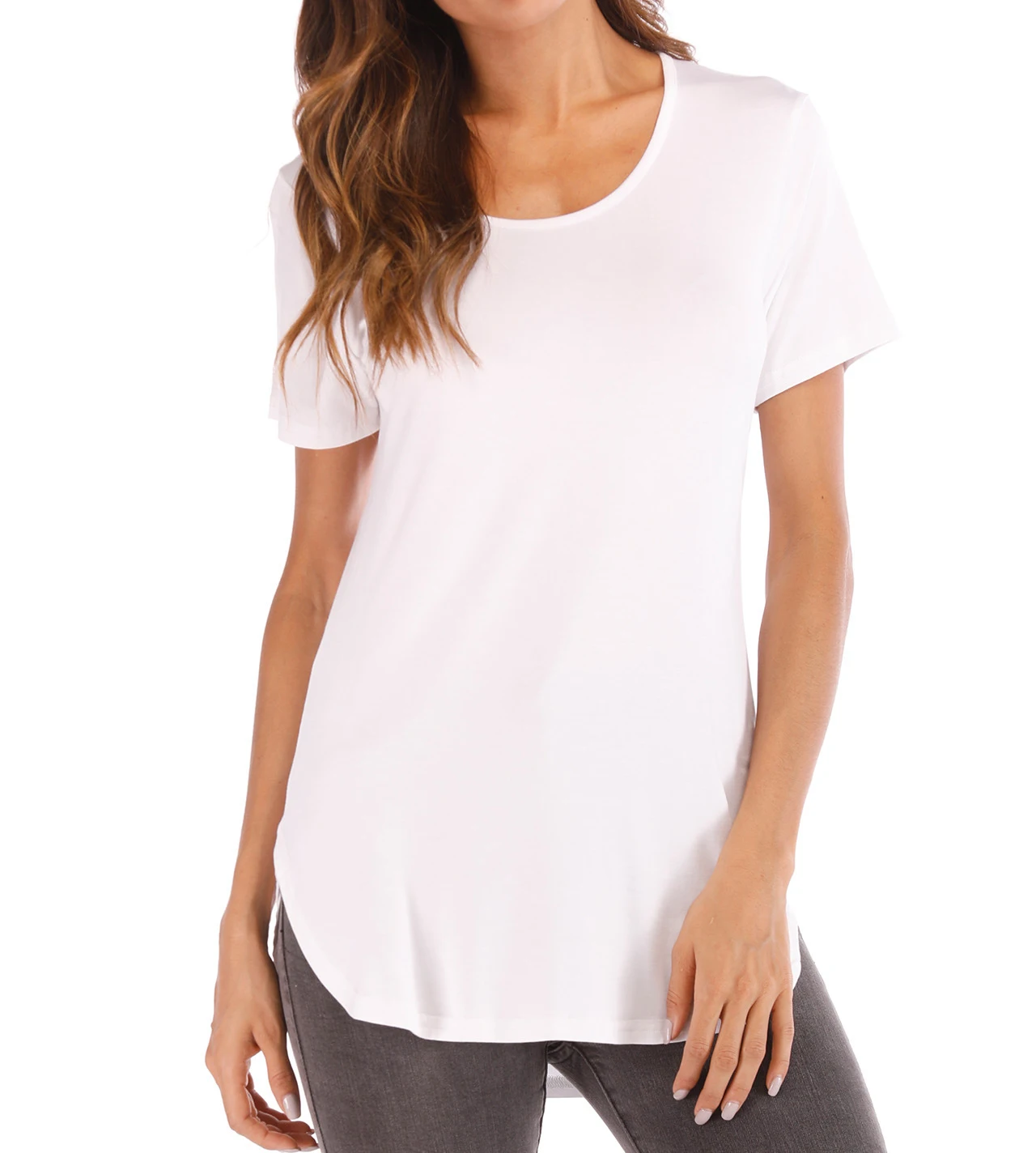 

Rummandy high quality short sleeve curve bottom solid color oversized t shirt, Customized color