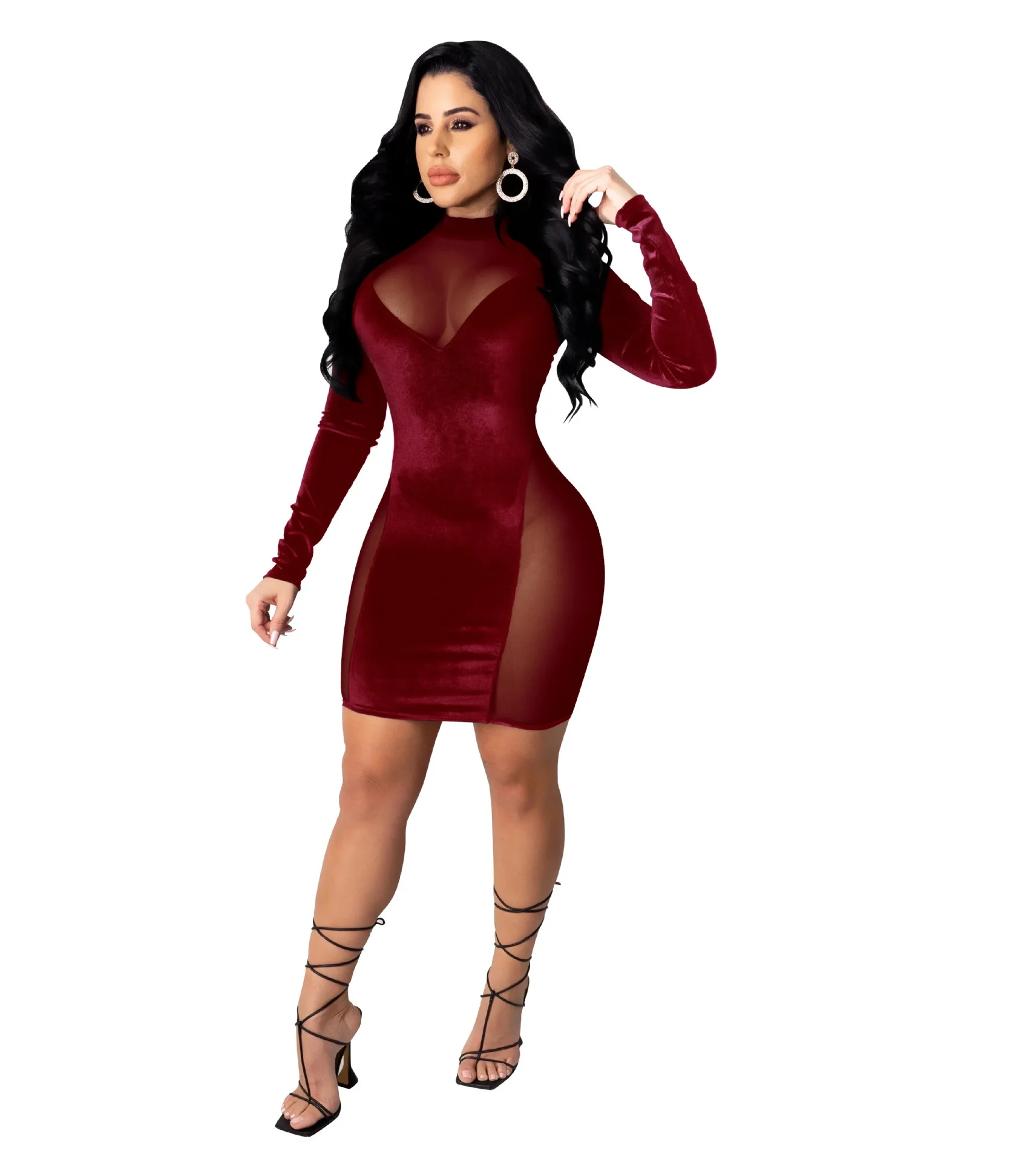 

Free Shipping C12387 - women casual long sleeve mesh and velvet patchwork dresses