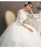 

2019 Bridal 3/4 Sleeve Ivory Lace Floor Length Cheap Ball Gowns Wedding Dresses For Bride