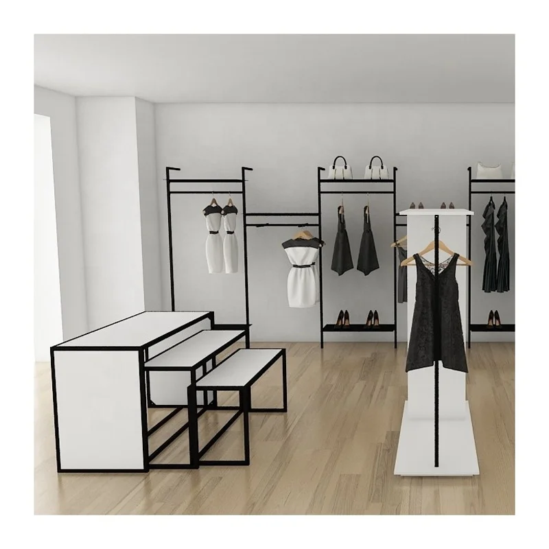 
Fashion Boutique Store Design Clothes Rack Shop Fitting Wall Mounted Garment Rack Nesting Display Table 