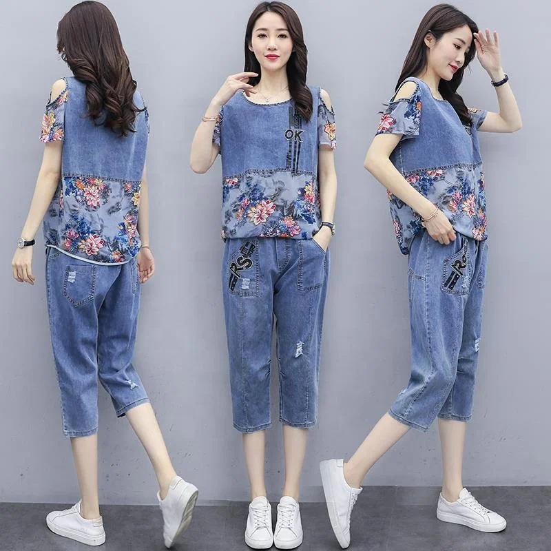 

Extra large size women's clothing 2020 summer new fashion suit fat sister was thin and broken hole denim cropped two-piece suit