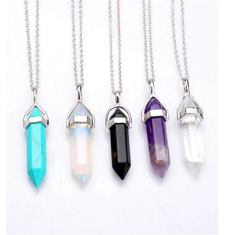 

Glass Hexagon Column Bullet Pendant Clavicle Chain Natural Agate Hexagon Column Crystal Multicolor Necklace, Picture shows