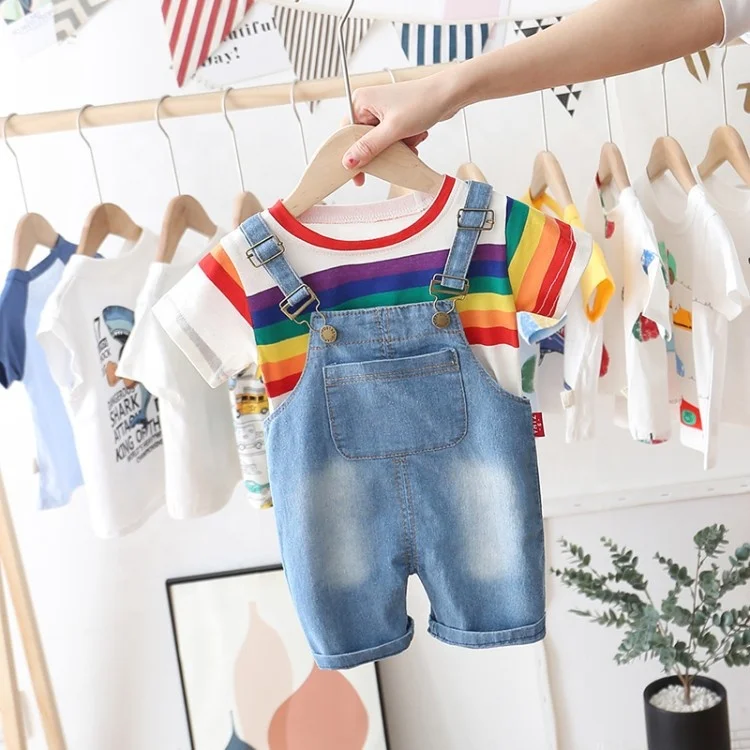 

Springway New Arrival Unisex Children Striped T Shirt and Cute Wing Design Jean Overalls Kids Clothing Sets, Pink ,orange