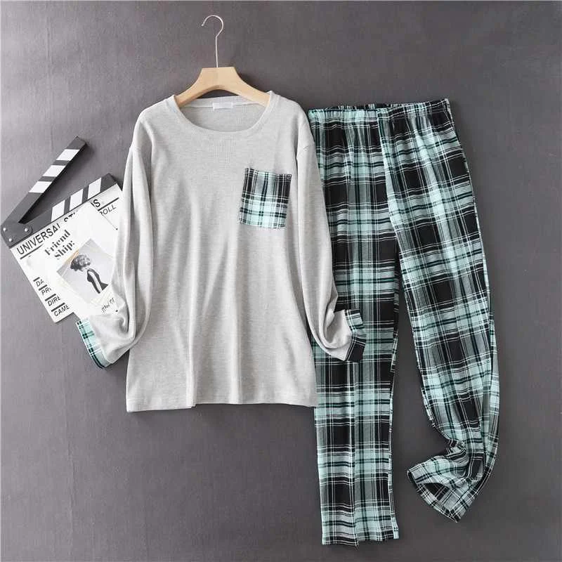 

Japanese new spring and autumn men's plus size cotton knitted sleepwear suit simple plaid long-sleeved trousers home service men