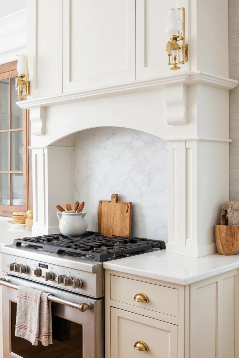 Exhaust hood with open shelves above for storage