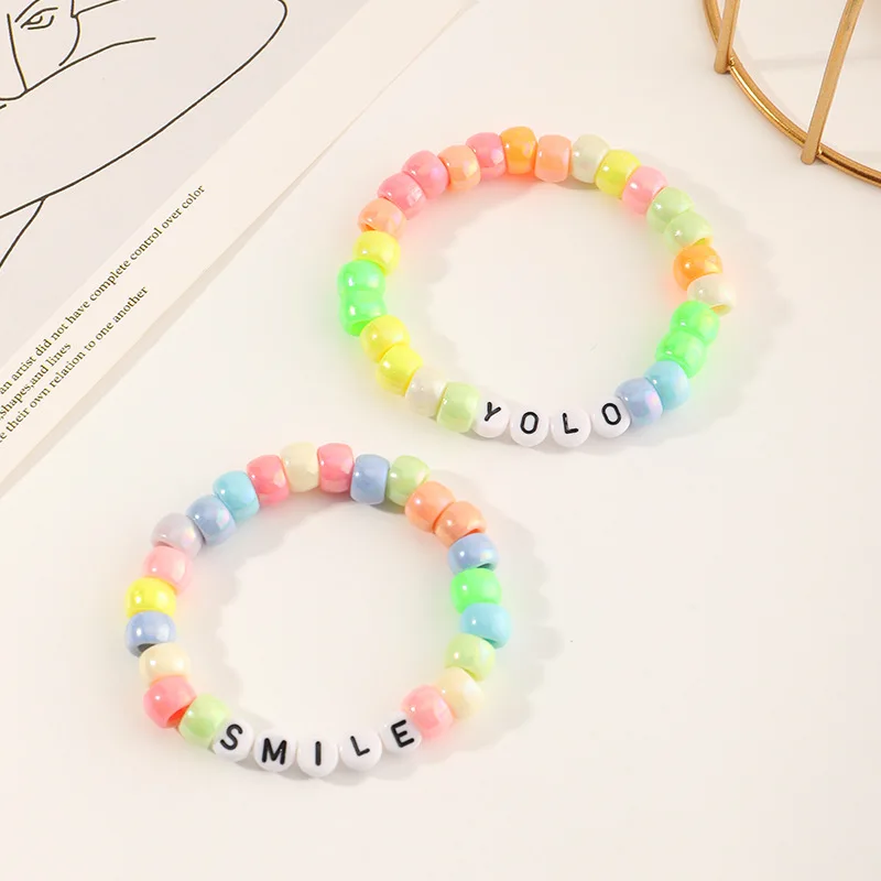 

New Candy Color Handmade Stretch Beaded Bracelet Sets Cute Custom Letter Word Friendship Bracelets For Kids Girls, Multi color