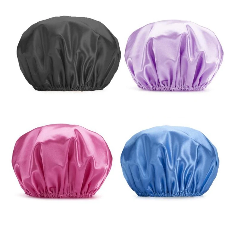

Shower Cap Waterproof Satin Lined Luxury Large Oversized Reusable Adjustable Silk Double Layer Ladies Bath Shower Caps for Women, Multi-colors