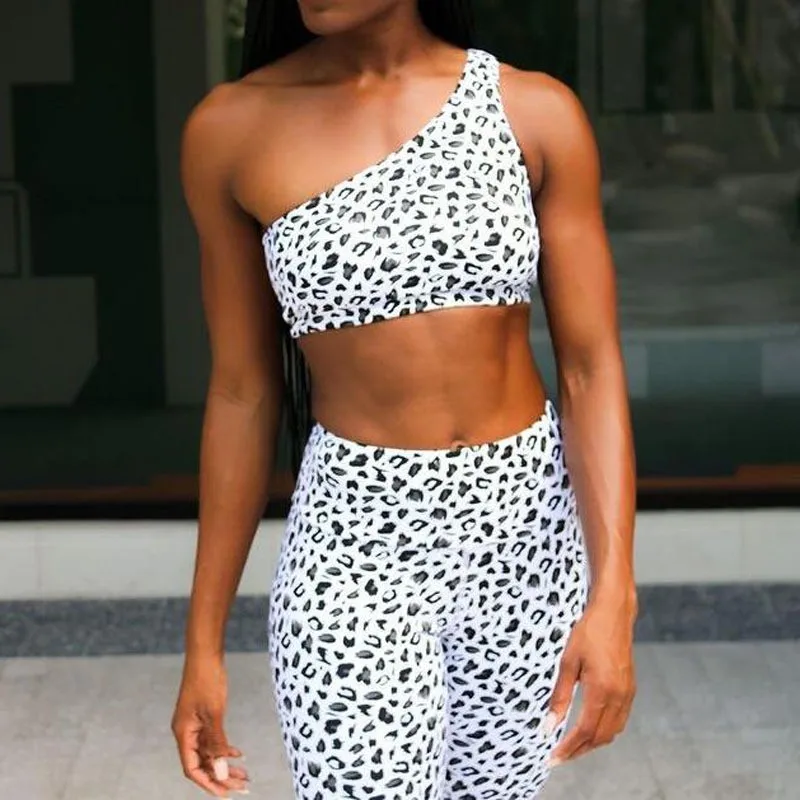 

sexy leopard print one-shoulder yoga top pants sets sport clothing set sports workout fitness yoga active wear set, As picture