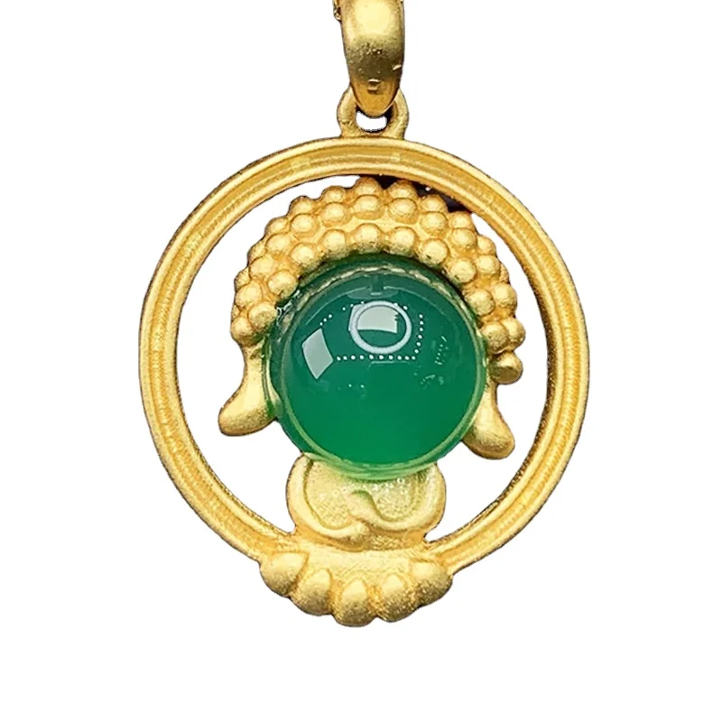 

Certified S925 Chalcedony Buddha Pendant Ancient Gold Inlaid Green Agate Small Buddha Silver Pendant