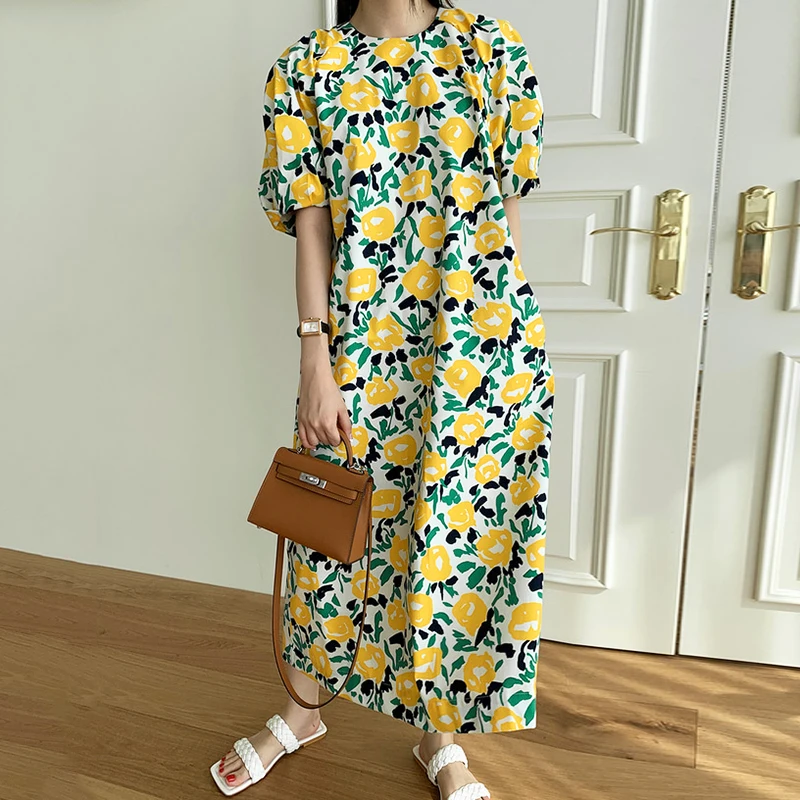 

Wholesale 2021 Spring Summer Korean Fashion New Casual Loose Women's Dress Flowers Elegant Retro Temperament Puff Sleeve Dress