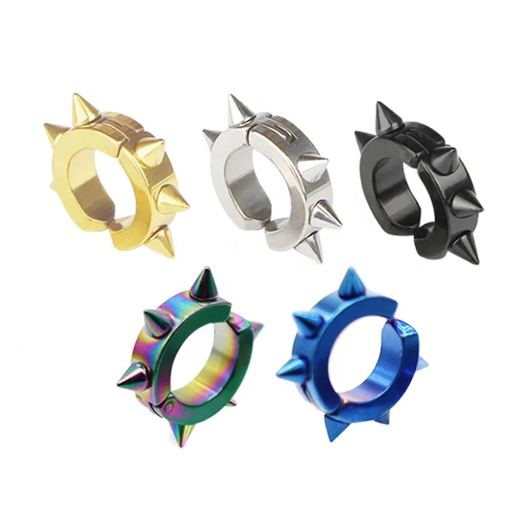 

QIANZUYIN 2021 Fashion Six Thorns Clip Punk Style Earrings Stainless Steel Cool Men Spike Earring Huggie Earrings For Men, Black, silver, color, blue, gold