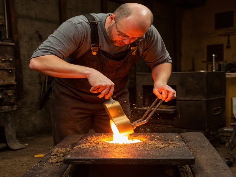 Artist pouring molten bronze into sand mold at craft foundry