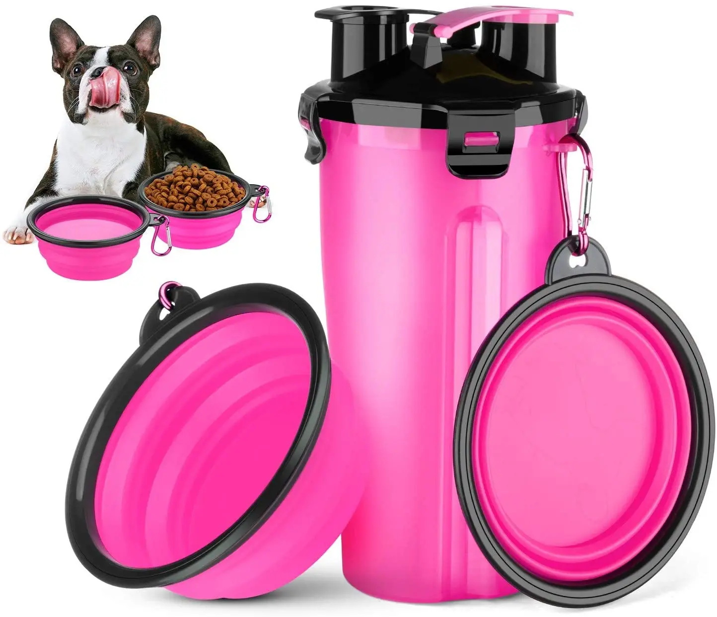 

Pet Dogs Travel Water Bottle 2 in 1 Portable Dog Cat Water Dispenser and Food Container with 2 Collapsible Bowls for Your Pets