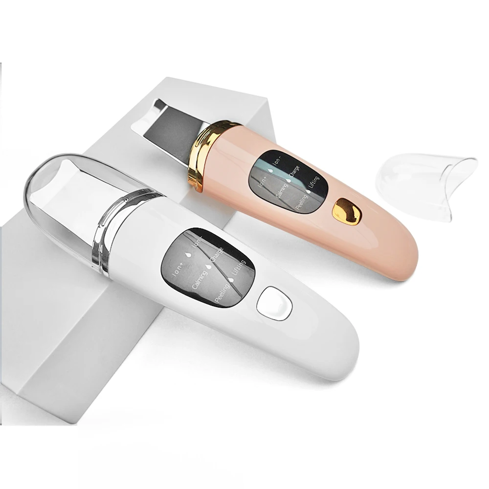 

Factory shipment hot sale professional pore cleaning facial ultrasonic peeling skin scrubber spatula, White+gold