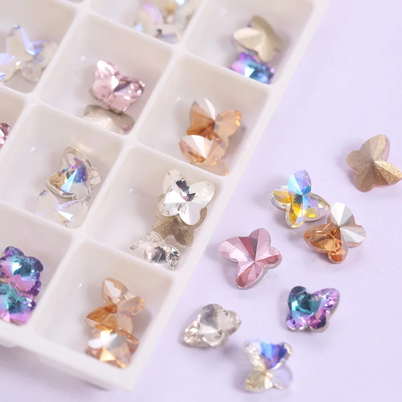 

QIAO 10Pcs Mini Butterfly Pointed Back Shaped Rhinestone Super Flash Champagne Moonlight Crystal Butterfly Manicure Accessories