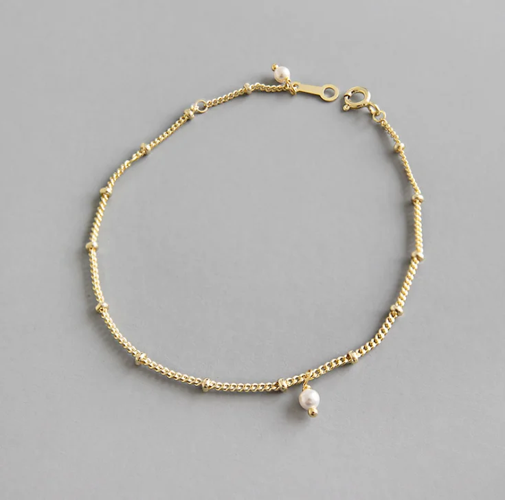 

Simple 925 Sterling Silver Simple Bead Chain Bracelet Real Gold Plated S925 Freshwater Pearl Pendant Strand Bracelets