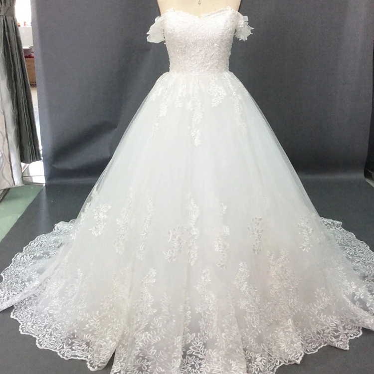 

Women Bridal Princess Wedding Party Dresses Off Shoulder Lace Flower Dress Gown