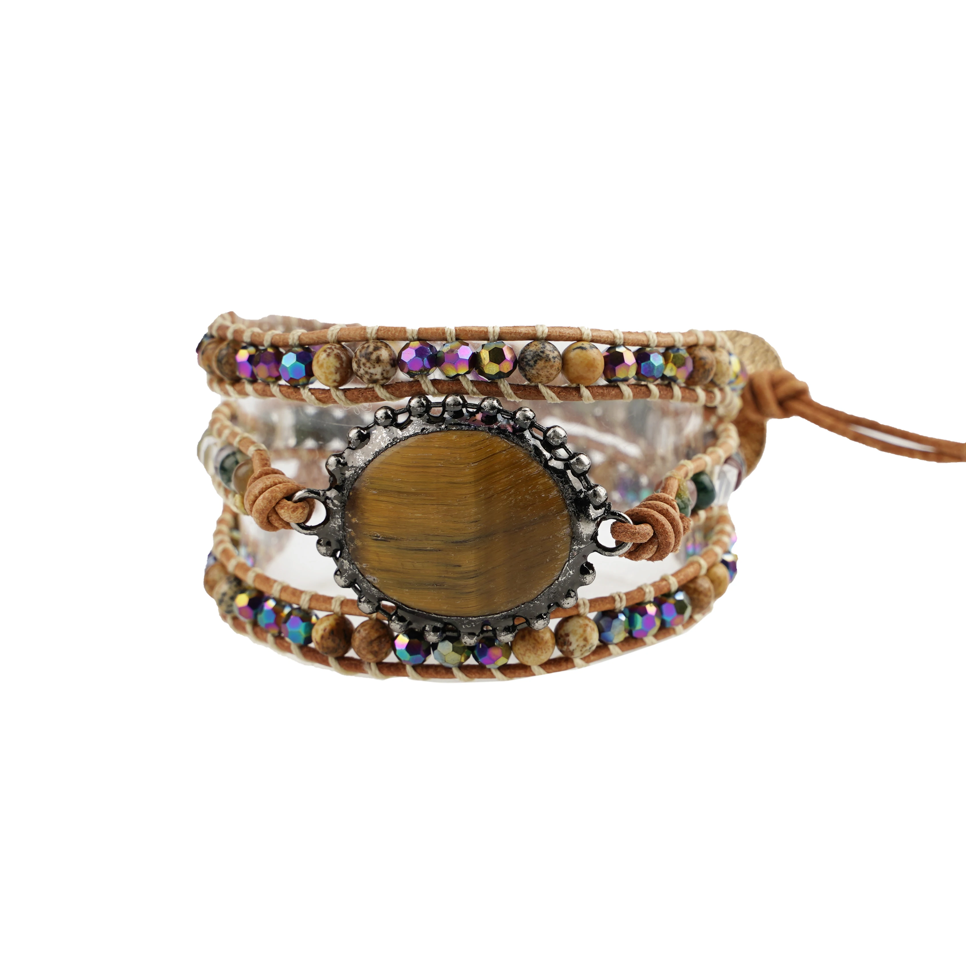 

Wholesale Faceted Multi-color Crystal Glass Beads Mixed Indian Agate Bead Wrap Bracelet with Tiger Eye Stone Charm, Multi-colors