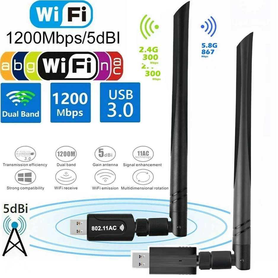 

1300Mbps USB WiFi Dongle Adapter USB 3.0 WI-FI Wireless Network card with 5dBi Dual Band 2.4GHz/5GHz High Gain Dual Antenna 5.8G
