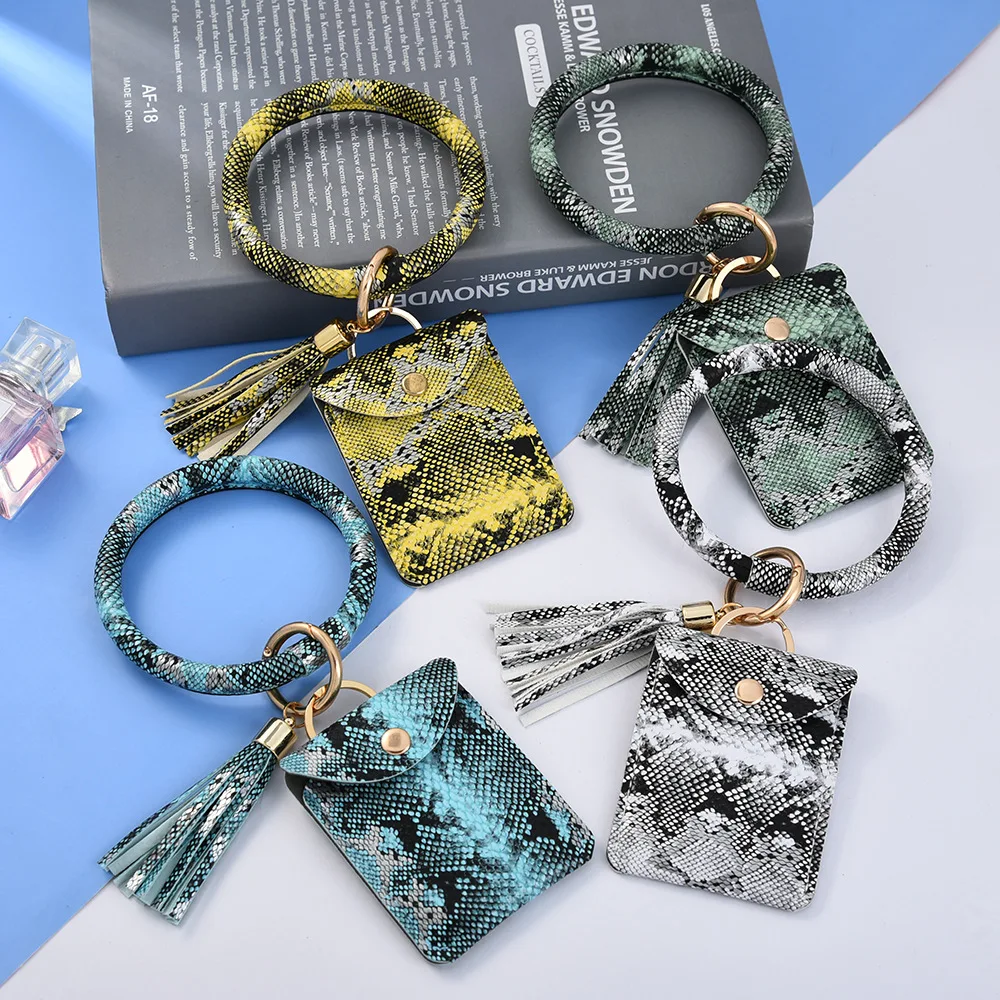 

New update snakeskin PU bracelet key ring wallet tassel bracelets ID credit cards holder keychain, In stock