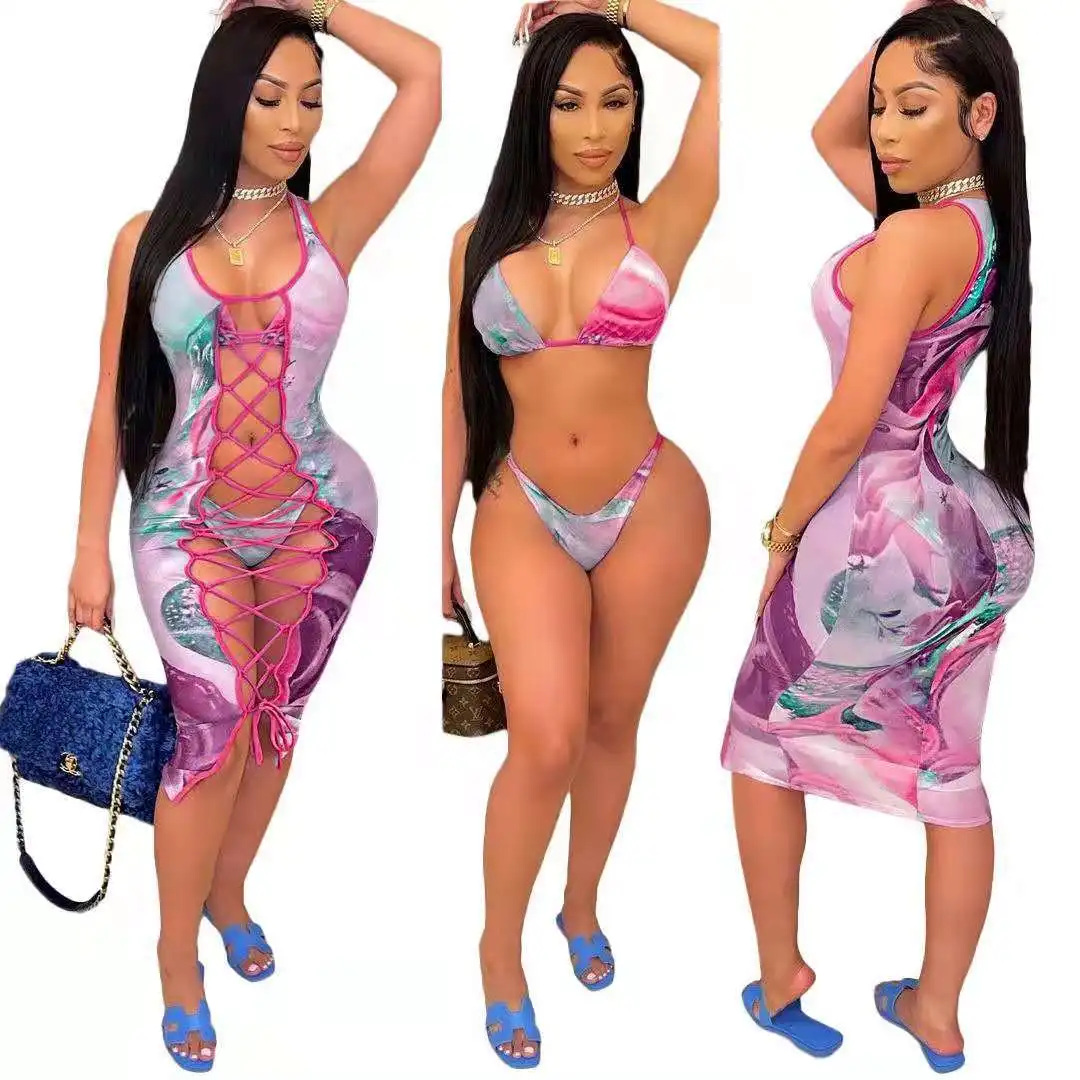 

2021 Women Clothes 3 Pieces Bathing Suit Women Hollow Out Dresses Printed Sexy Bikini 2021 Swimsuit Swimwear Lace Up Beach Wear, As picture