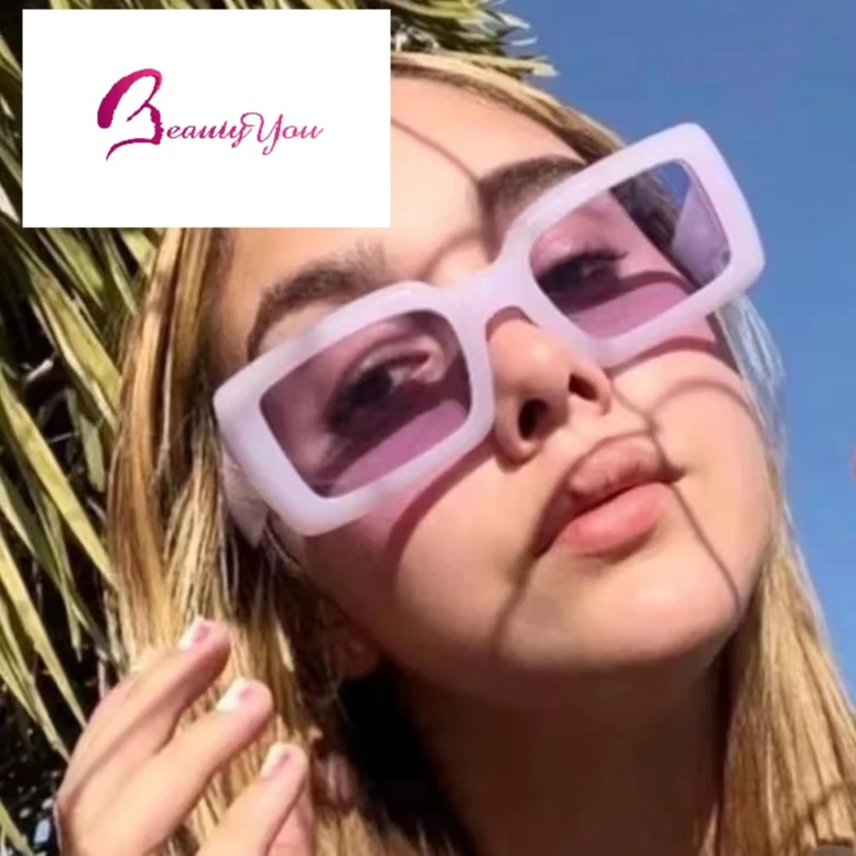 

Stylish Retro Small Rectangle Frame Shades Female Clear Blue Pink Green Lens UV400 Customize Sunglasses Women 2022