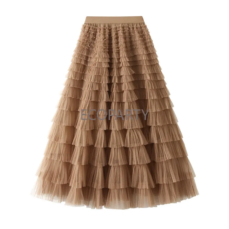 

Drop ship 2022 Autumn winter high waist 12 colors 96cm mesh tiered long layered tulle skirt