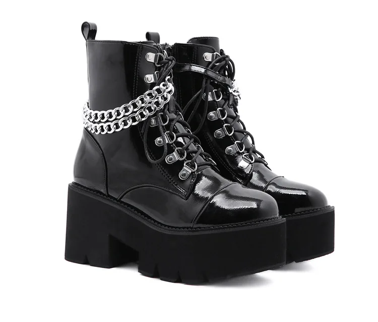 

Fashion Trend Goth Punk Block Heel Mid Calf Boots Chain Studded Combat Women's Platform Boots