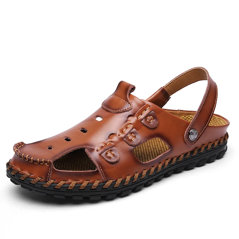 

Man slipper sandal shoes 2020 new summer breathable leather slippers sandals men, Black,lightbrown,darkbrown