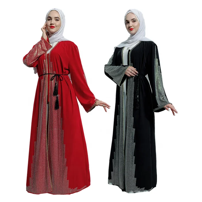 

2019 arabic kimono robe stones embroidery muslim dresses islamic modest women clothing, Red;black