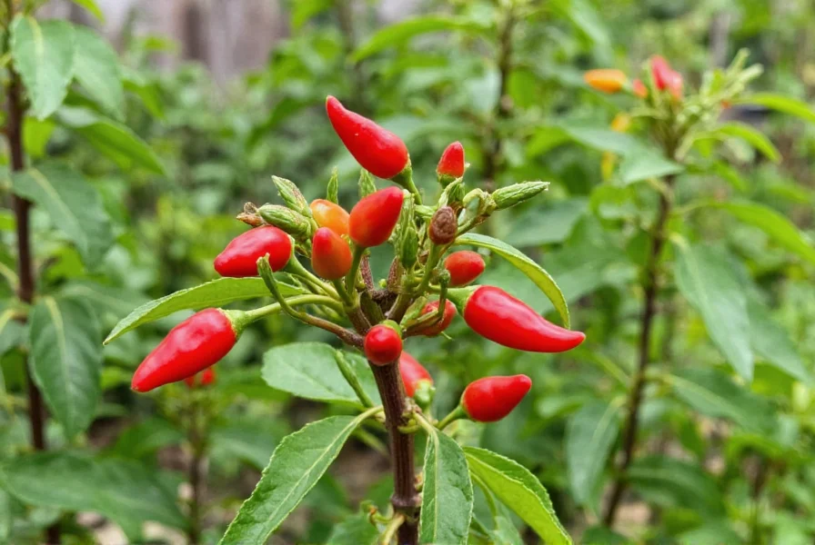 Big Mouth Bites chili plant growing in garden with red peppers visible on bush