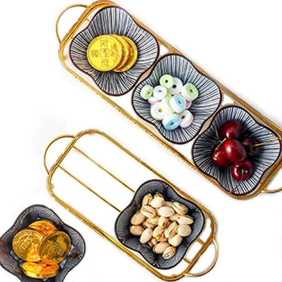 

Food Storage 3Pcs Ceramic Bowls Serving Snack Tray Dish Plate Dessert Set With New Metal Handles Design, Black/blue