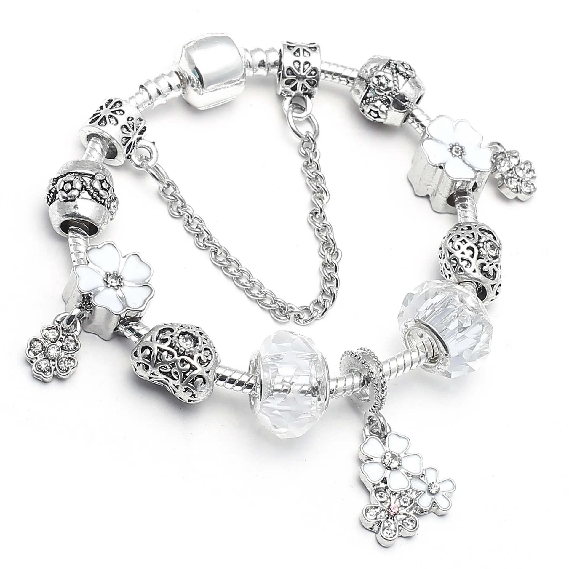 

Wholesale Custom Vintage Silver Heart Charm Bracelets White Austrian Crystal Bead Enamel Flower Charm Bracelet with Safety Chain