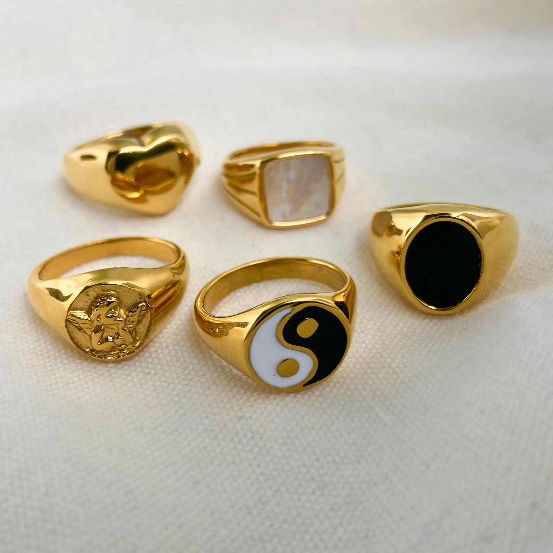 

Gold Plated 316L Stainless Steel Shell Rings For Women Heart Shape Yin Yang Chunky Finger Rings Waterproof Jewelry, Gold, silver