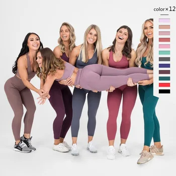 

High Quality 2 Piece Legging Set High Waist Yaga Sport Wear Running Seamless Women Workout Clothing Set, As show