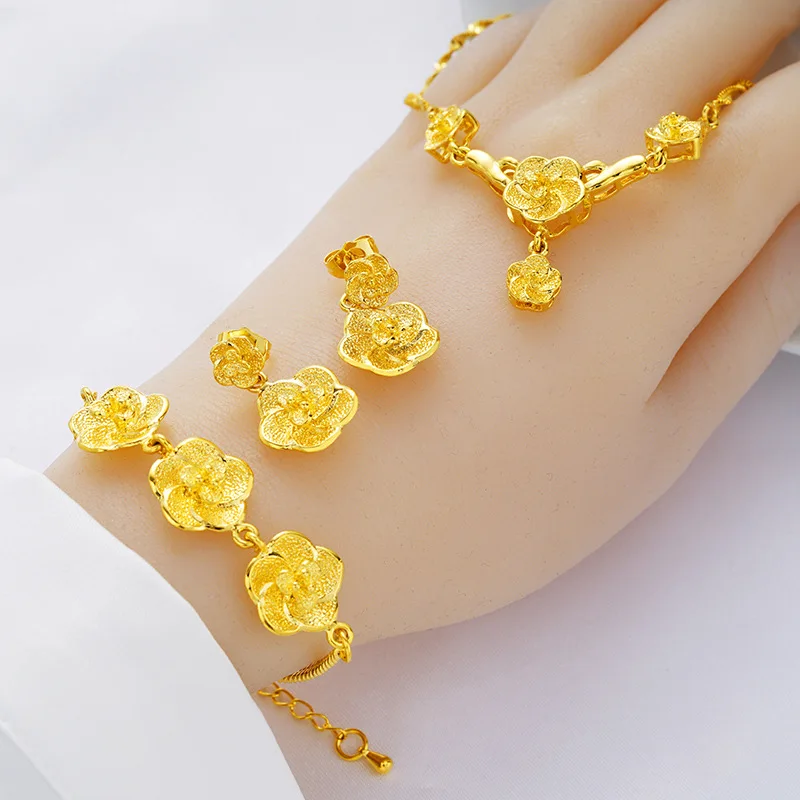 

3PC 18k Gold Plated Bracelets Jewellery Gold Jewelry Set Hot Sale New Design Dubai Womens Fashion Flower Chain Necklaces