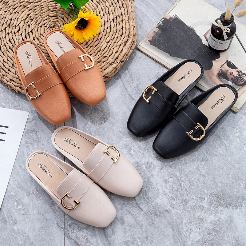 

New Ladies Baotou Lazy Flat Shoes Metal Buckle Shoes All-match Women's Shoes Fashion Half Slippers Ladies Sandals and Slippers, Picture